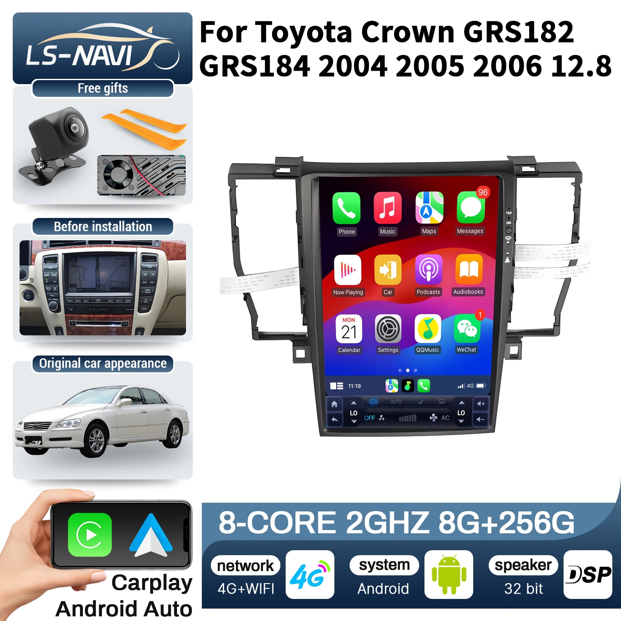 12.8 pollici Autoradio Per Toyota Crown GRS182 GRS184 2004 2005 2006 4G Unità Principale Senza Fili Bluetooth CarPlay Touch Screen Stereo