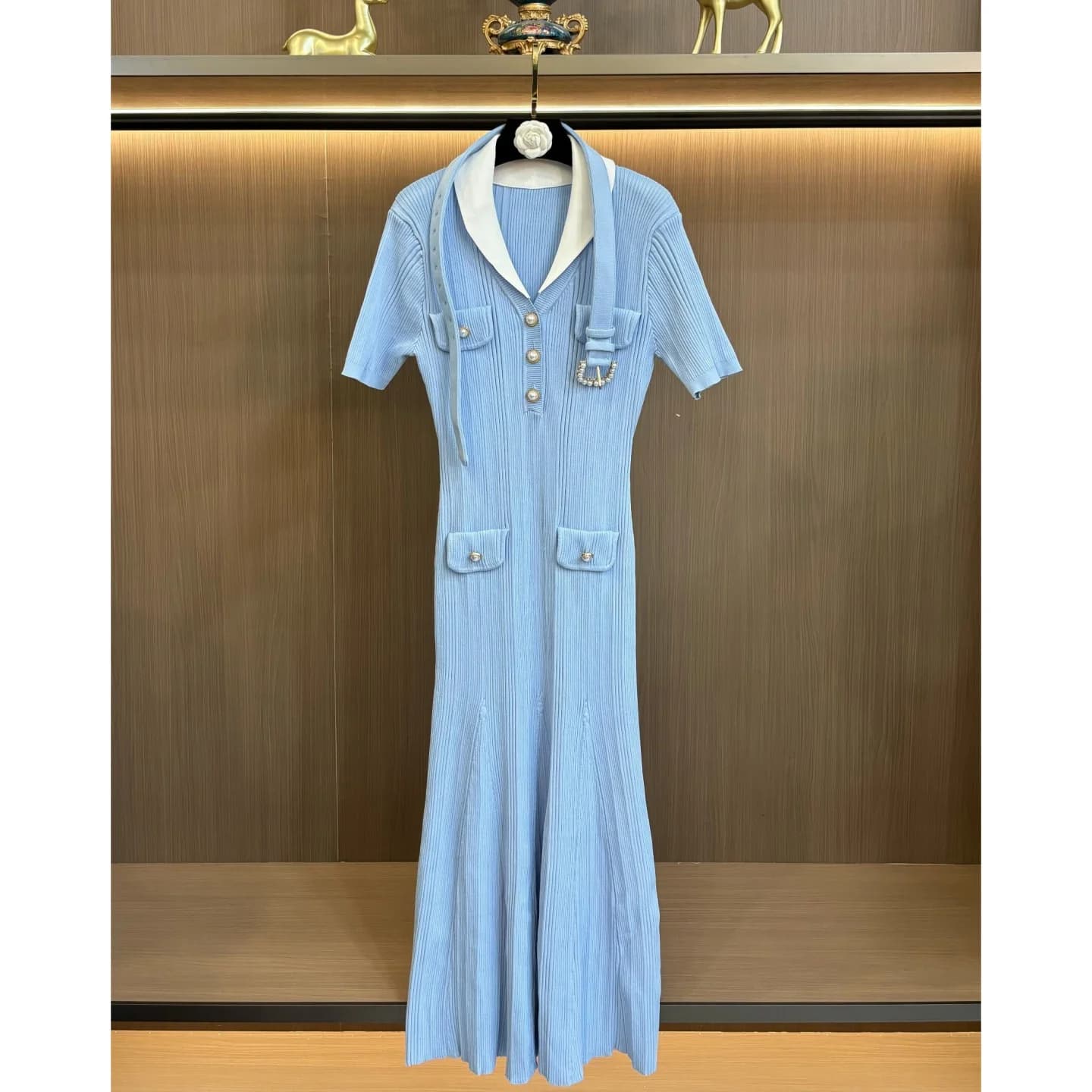 French Style Slim Fit Knitted Dress Blue Medium Length Tailored Waist Cinched Color Block Collar Belted Women's Fashion