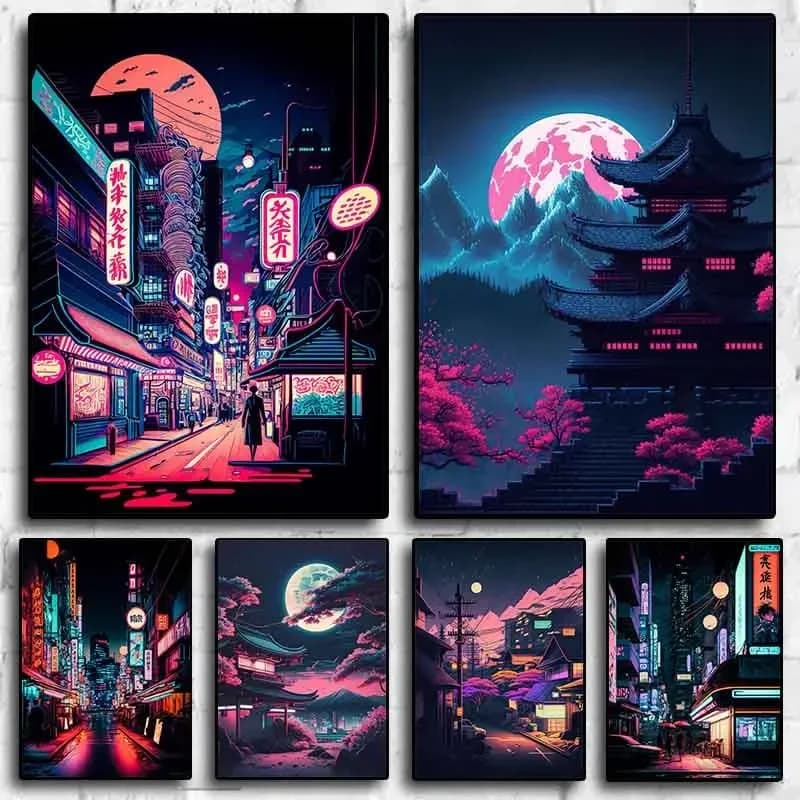 Pop Neon Giappone Tokyo Paesaggio urbano Poster Stampe Estetica Paesaggio naturale Anime Fumetti Wall Art Stampa su tela Decorazioni per la casa