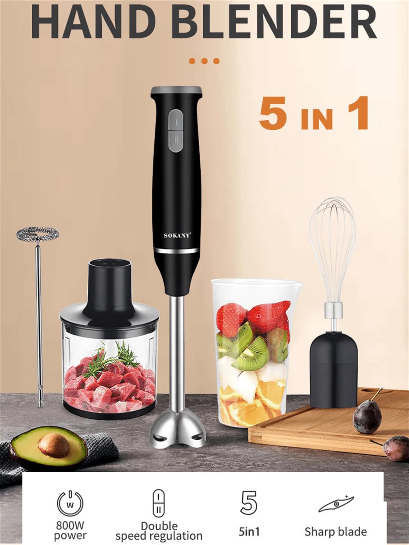 Frullatore manuale ad immersione SOKANY 1714, 2 velocità, 5 in 1, frullatore manuale, frusta, tritatutto per carne, misurino