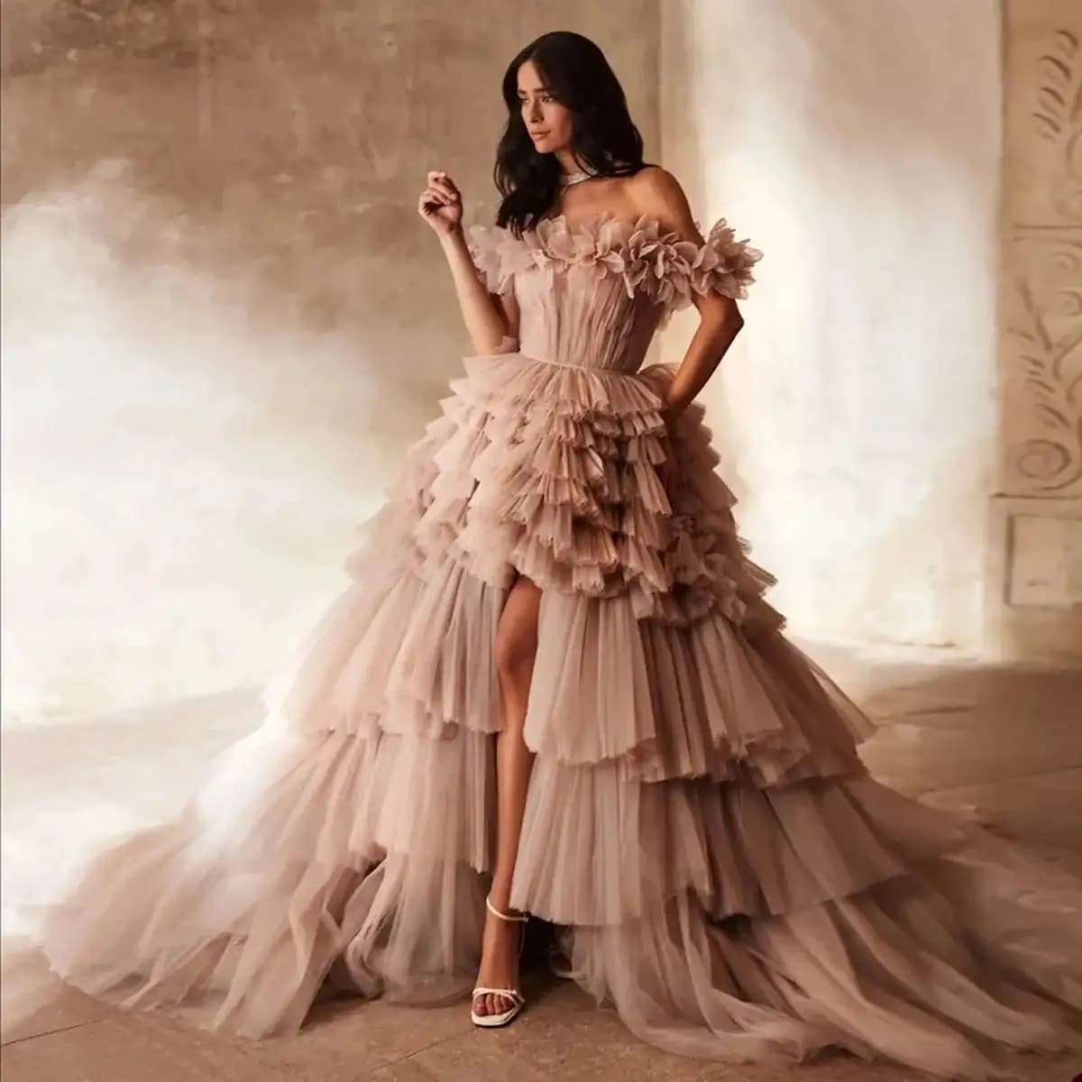 Elegant Maternity Star Dresses Strapless Dresses With Straps Discovered Shoulders For Photo Service Baby Shower Ruffle Tulle Lace Bathrobes L24845