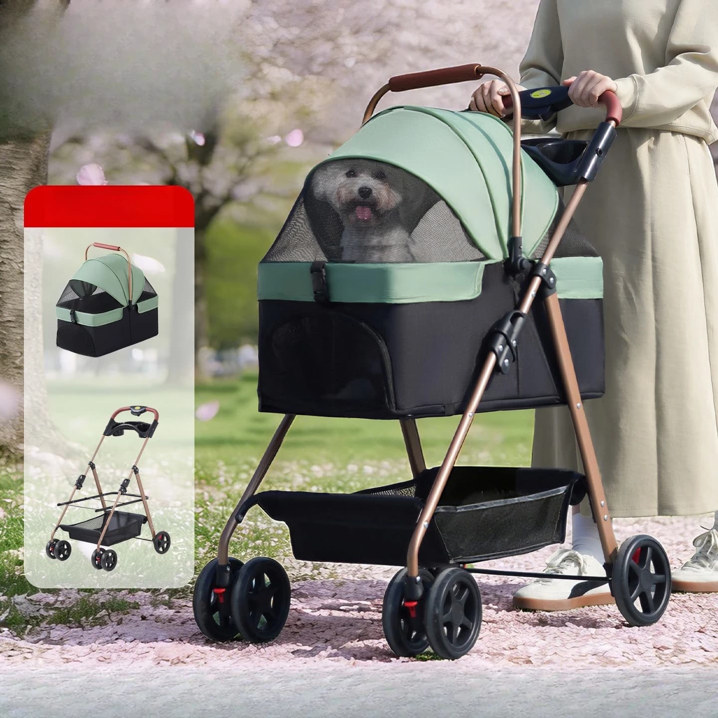 Lightweight foldable and detachable pet stroller for dogs and cats—features a removable carrier basket for outings