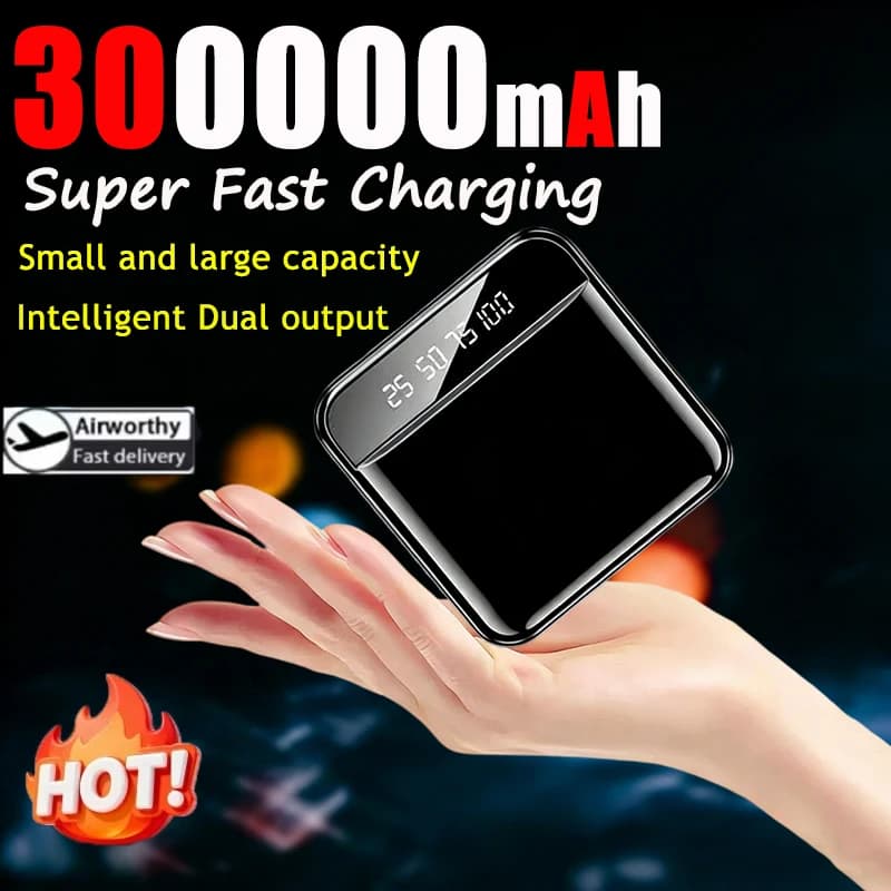Power Bank Portatile Mini da 300000mAh con Schermo a Specchio LED Digitale, Batteria Esterna per iPhone Xiaomi Huawei Samsung