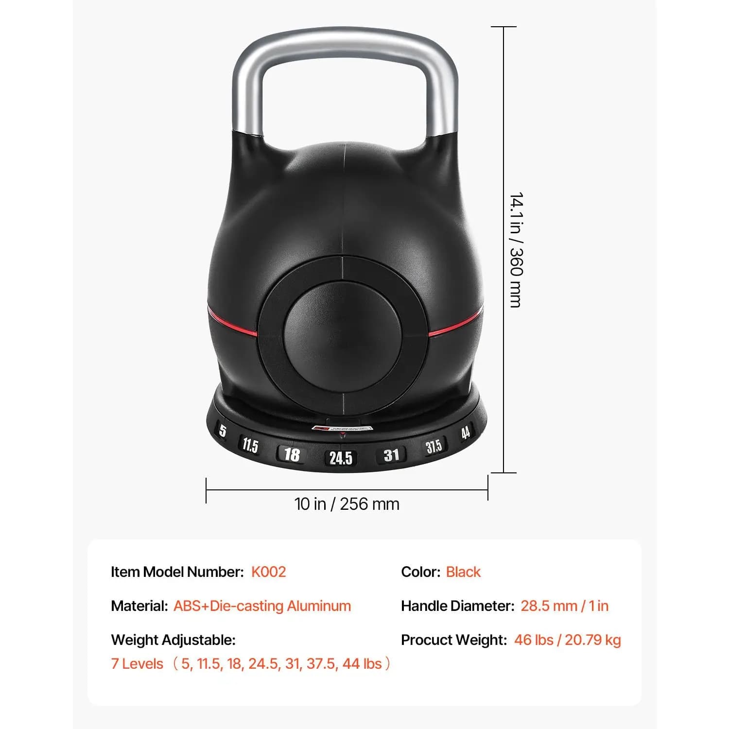 Kettlebell, Adjustable Kettlebell with 7 Weight Levels (5, 11.5, 18, 24.5, 31, 37.5, 44 lbs), Die-Cast Aluminum and ABS Material, for Grip Strength Training, Full-body Workout & Cross-Training