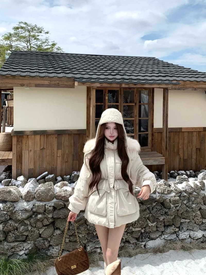 Piumino da donna con cappuccio, lunghezza media, caldo e spesso, stile coreano, alla moda per il pendolarismo, imbottito in piuma d'anatra bianca, con cerniera