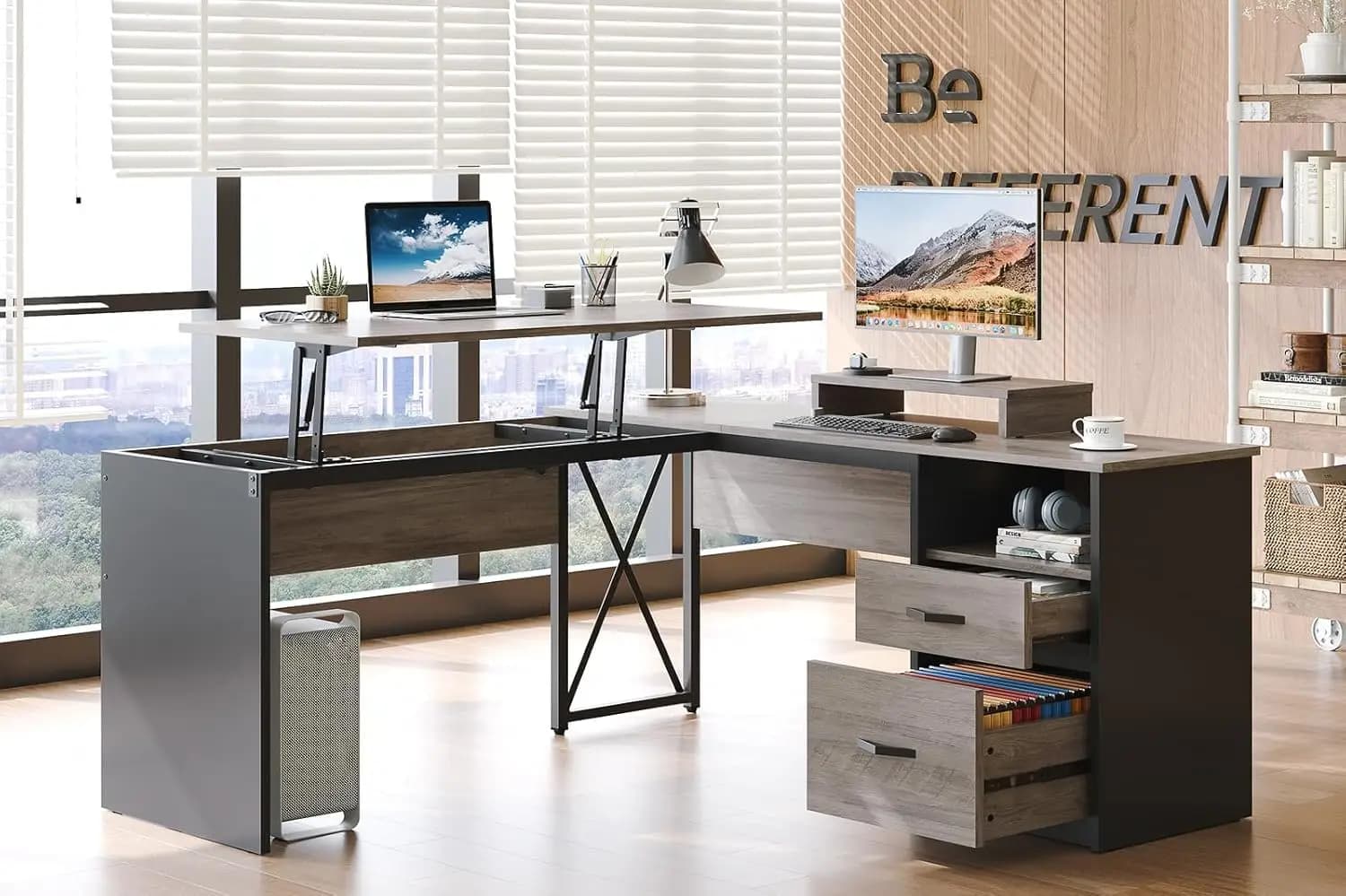 L Shaped Standing Desk With Lift Top, 55"x55" Corner Desk With File Drawer & Monitor Stand For Home Office, Customized