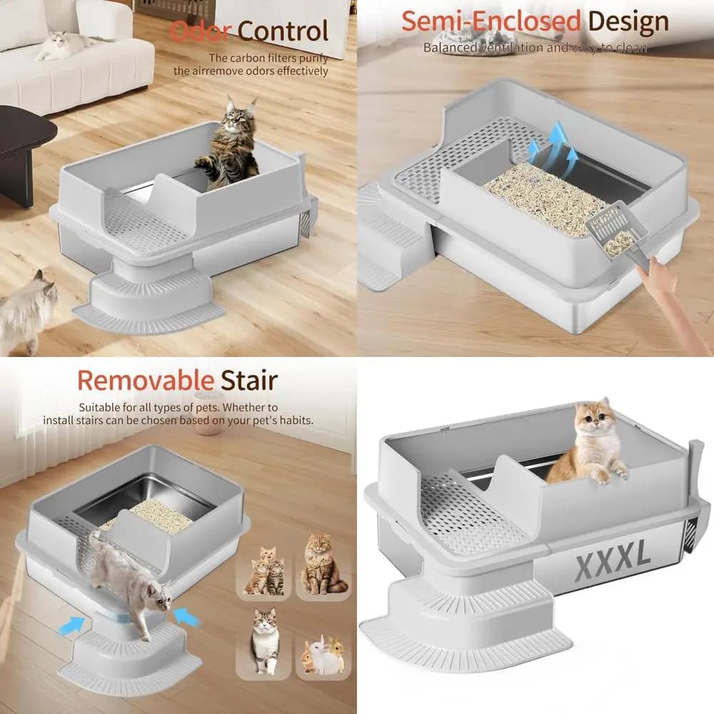 Lettiera per Gatti in Metallo Semi-Chiusa Extra Large con Griglia Filtrante, Gradino e Paletta, Facile da Pulire, Grigio Chiaro