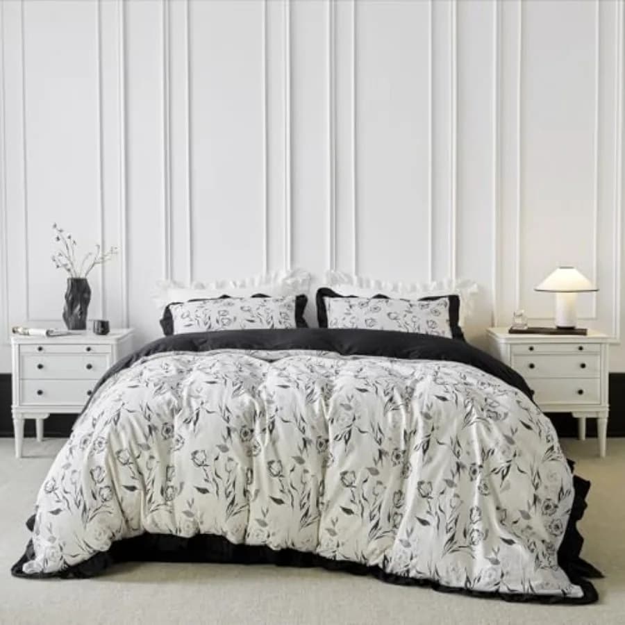 Set Copripiumino Grigio con Motivi Floreali 100% Cotone, 3 Pezzi: 1 Copripiumino Bianco con Cerniera e Lacci, 2 Federe, Stile Vintage Shabby Chic