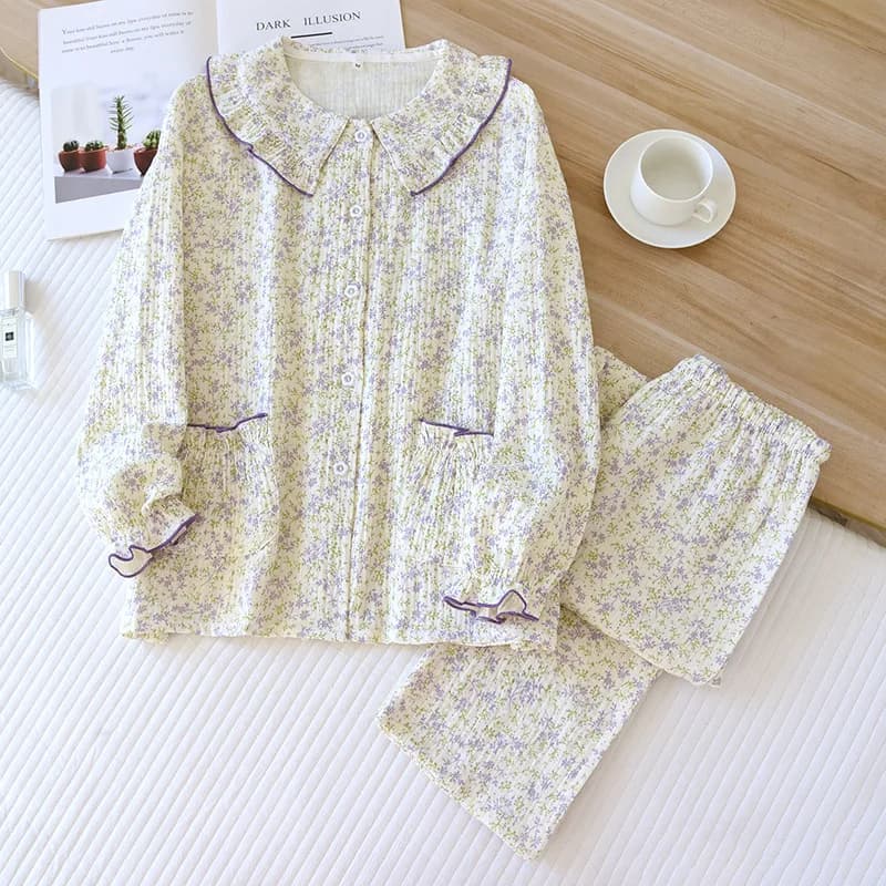 Pigiama con colletto per bambola per tutte le stagioni Pantaloni lunghi sottili a maniche lunghe Pigiama per la casa con cardigan in garza a doppio strato di cotone dolce e carino