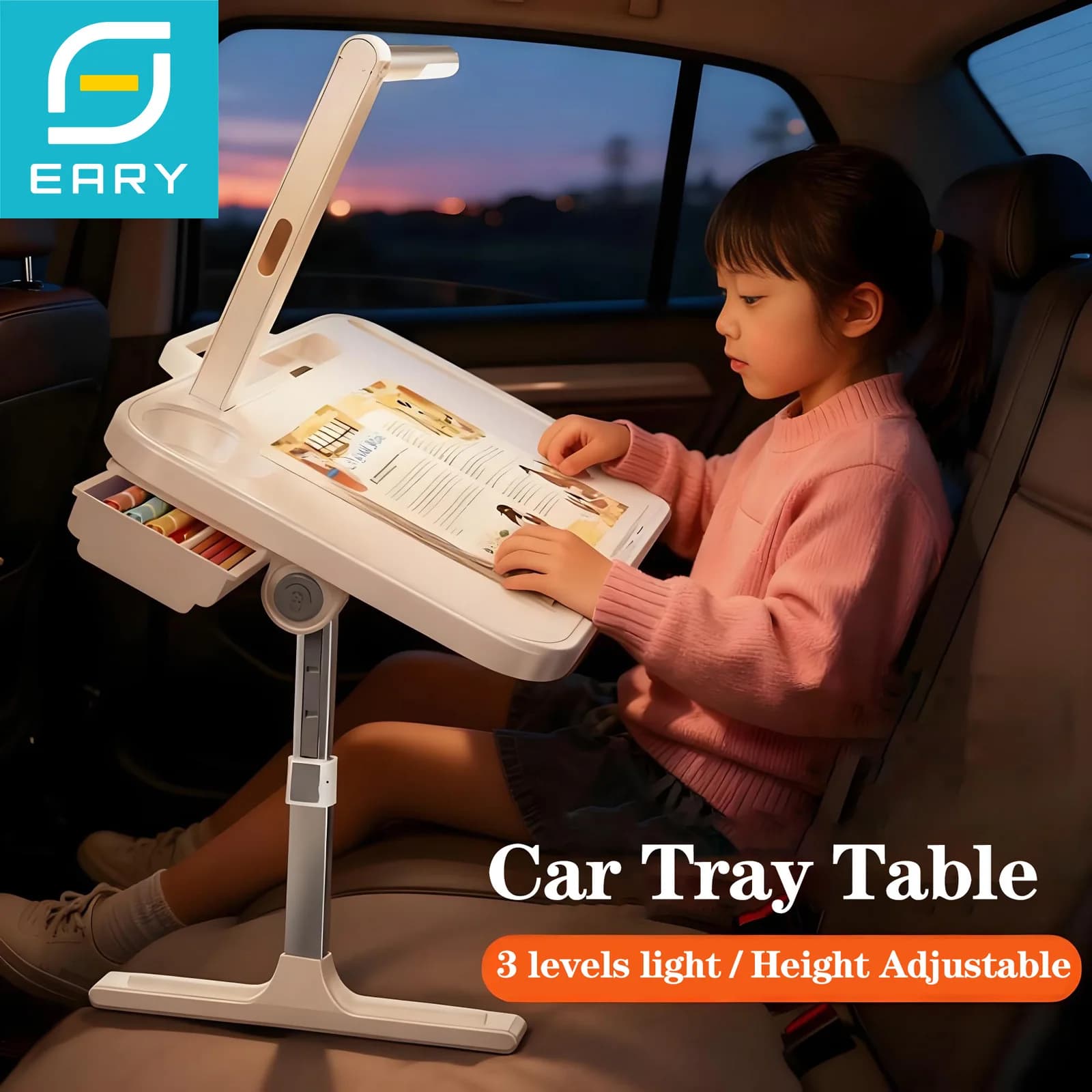 Eary Vassoio per seggiolino auto grande Supporto per libri da tavolo per lettura con supporto regolabile pieghevole leggero per laptop da viaggio in auto per bambini