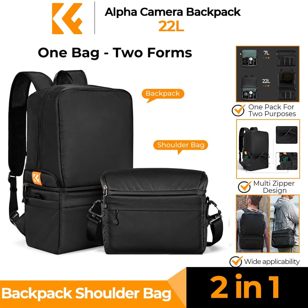 Zaino fotografico K&F CONCEPT 22L 2 in 1, borsa a tracolla per fotografi, borsa da viaggio a tracolla per fotocamere e obiettivi Sony, Canon, Nikon