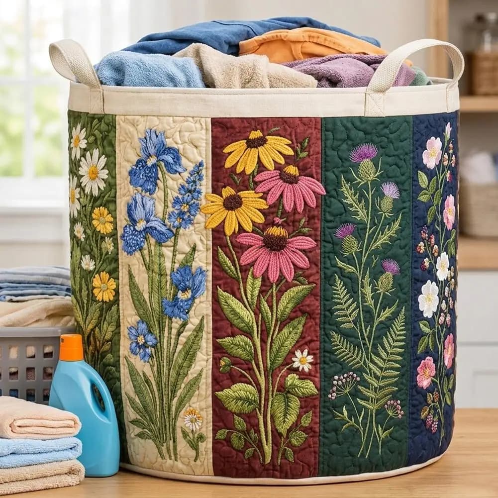 Cesto Portabiancheria Trapuntato Floreale Boho Grande in Tessuto con Manici, Contenitore Artistico Antipolvere per Vestiti, Organizer Domestico