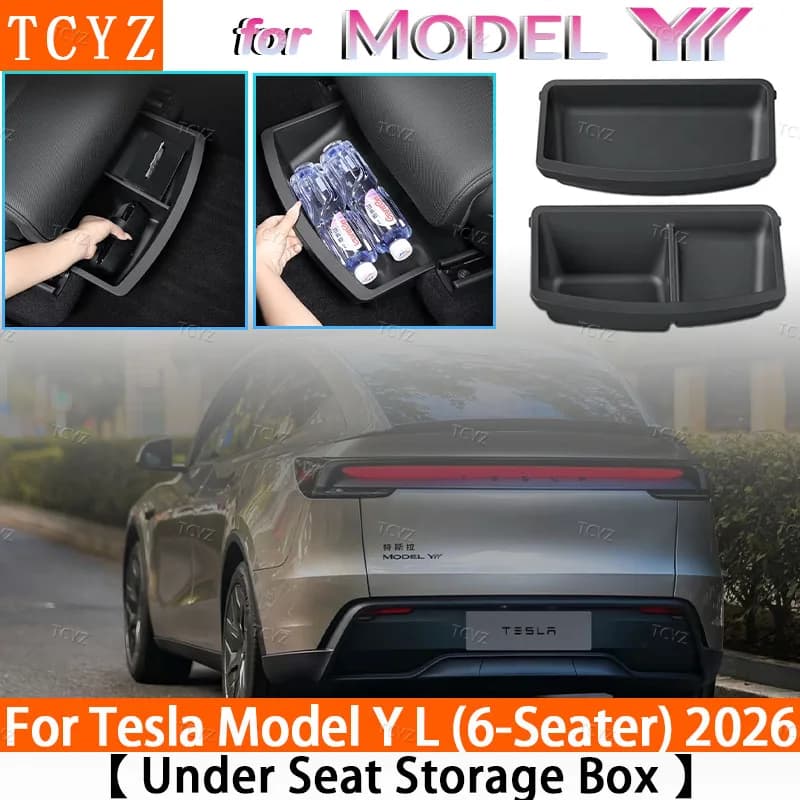 Under Seat Storage Box For Tesla 2026 Model YL 6-Seat TPE Drawer Front Rear Seat Lower Organizer Tray Car Interior Accessories