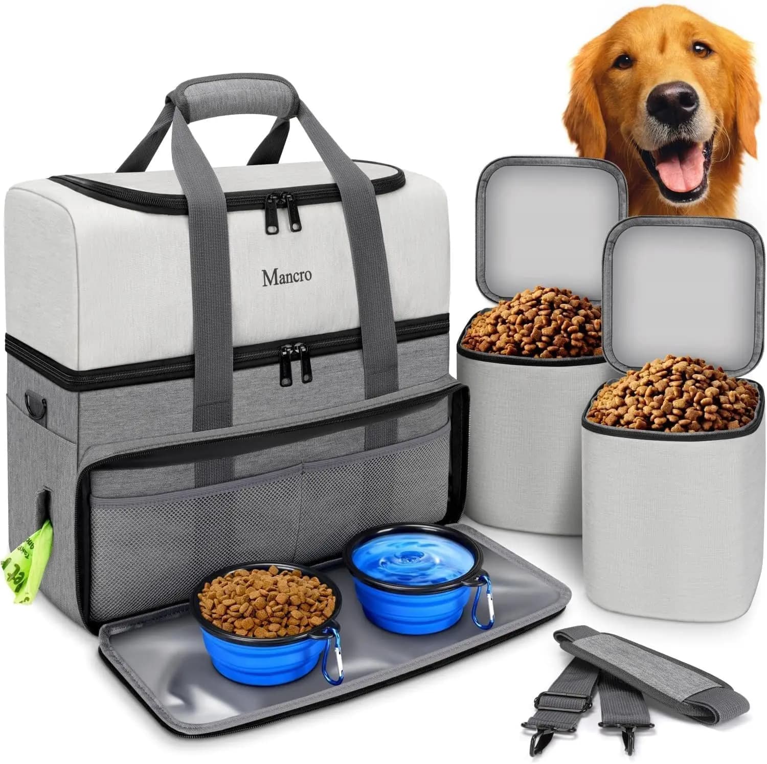 Borsa da Viaggio per Animali Domestici a Doppio Strato con Grandi Contenitori per Cibo, Ciotole Pieghevoli e Tasche Multiple per Viaggi su Strada e Campeggio