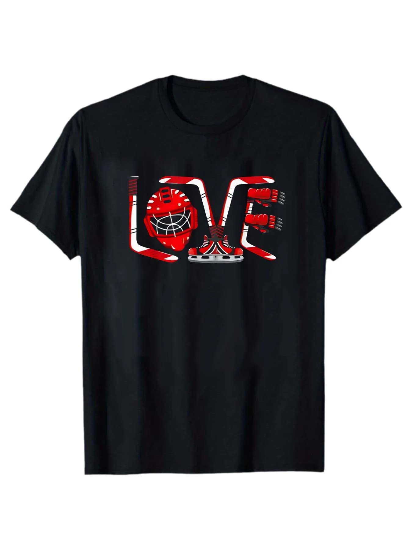 T-shirt con stampa elemento hockey su ghiaccio con lettera LOVE: casco da skate stile sportivo unisex casual a maniche corte
