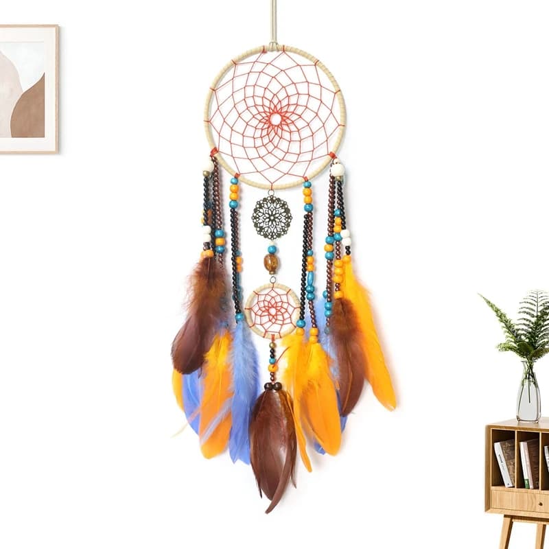 Bohemian Orange Feathers Dream Catcher Fall Decorations Wind Chimes Bedroom Decor Handmade Wall Hangings Door Pendants For Gifts