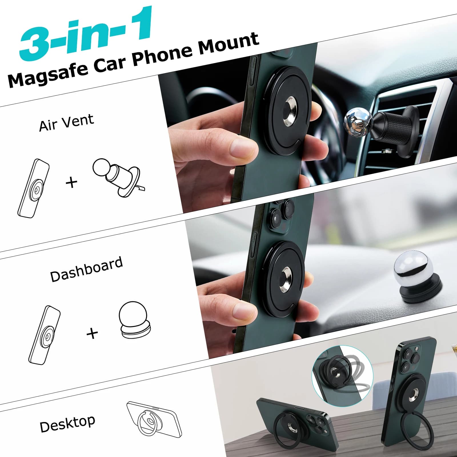 N52 Strong Magnetic Car Phone Holder, Universal 360° Adjustable Air Vent Mount for MagSafe All Smartphones
