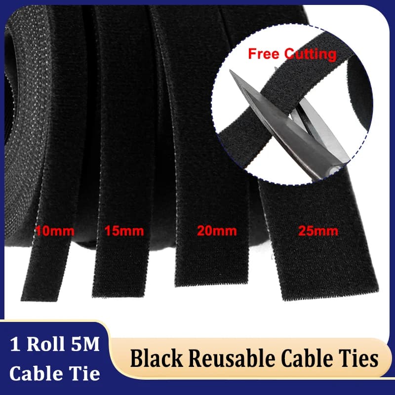 5Meter/Roll Reusable Cable Ties Black 10/15/20/25mm Width Double Side Hook and Loop Fastening Straps Cable Wire Management Tape