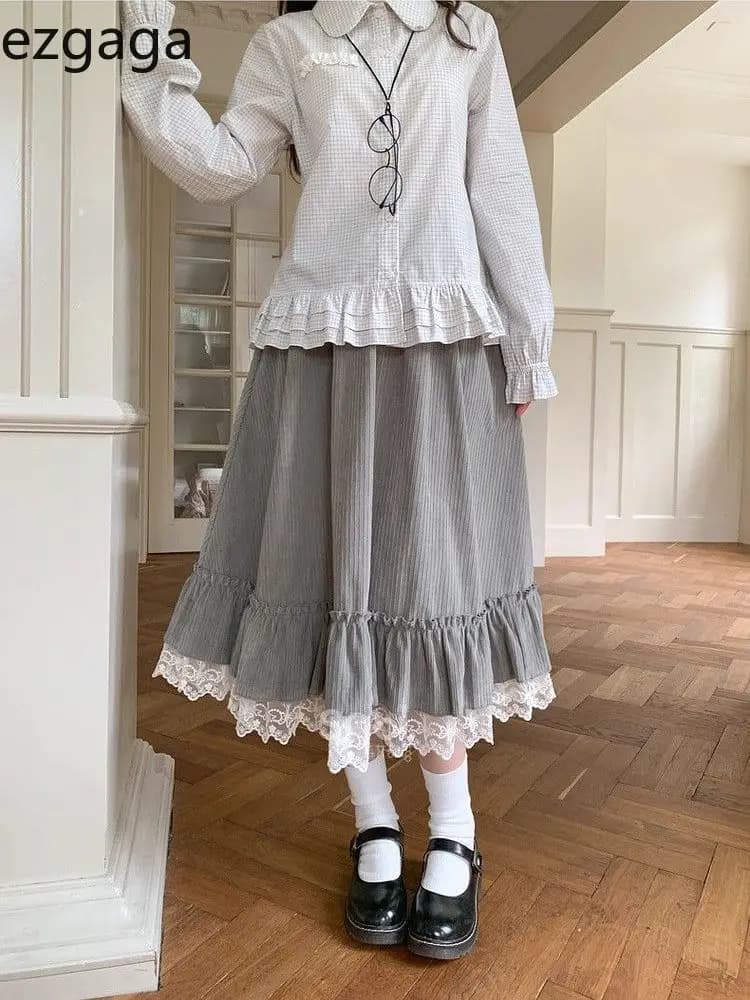 Ezgaga Skirts Women Preppy Style Lace Patchwork High Waist Fashion Vintage Sweet Elegant Long Skirt Female Casual Chic