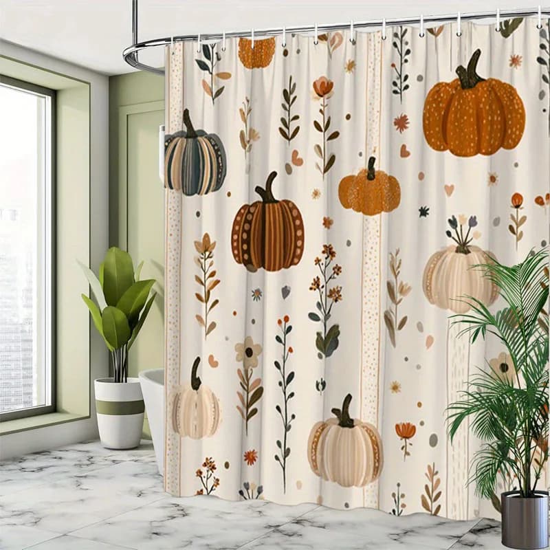 Fall Themed Pumpkin and Floral Shower Curtain Farmhouse Style Design Hooks Washable for All Season Bathroom Decor
