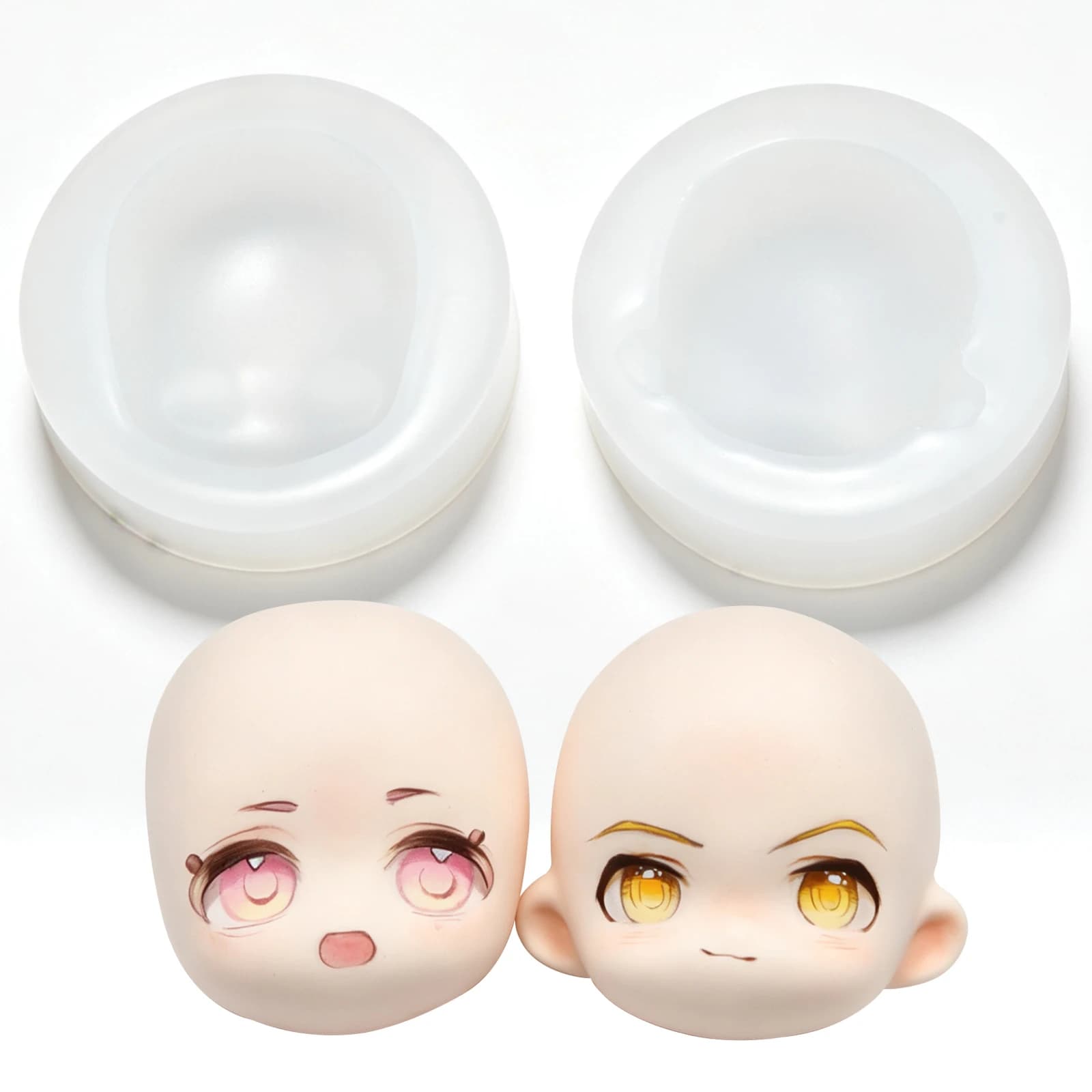 2Pcs Q Version Doll Head Silicone Mold, 3D Cute Doll Face Polymer Clay Mold for DIY Handmade Figurine Making