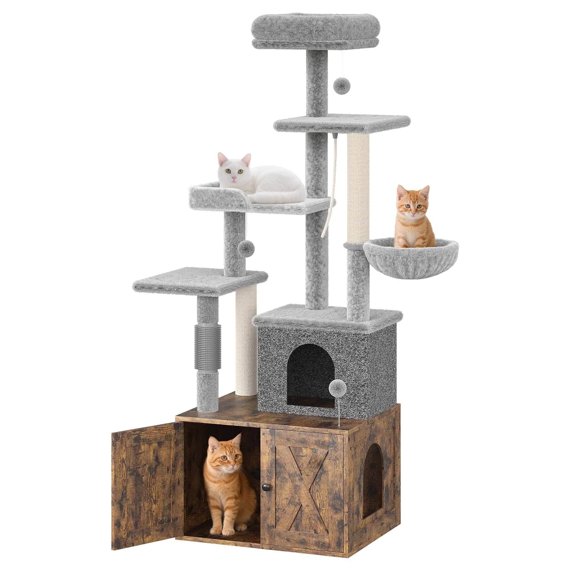 5-Tier Cat Tree with Litter Box Enclosure, 55.1" Tall Modern Cat Tower with Scratching Posts, Hammock, Condo, Plush Perches, Anti-Tip Design for Indoor Cats