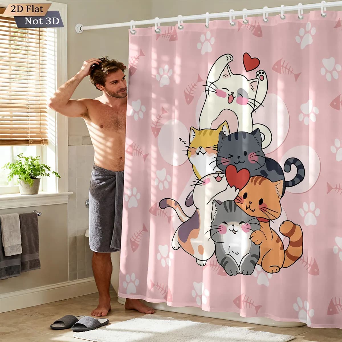 Divisorio da bagno impermeabile stampato con gatto carino da 1 pezzo con 12 ganci per tenda da doccia per la privacy, disponibile in varie dimensioni