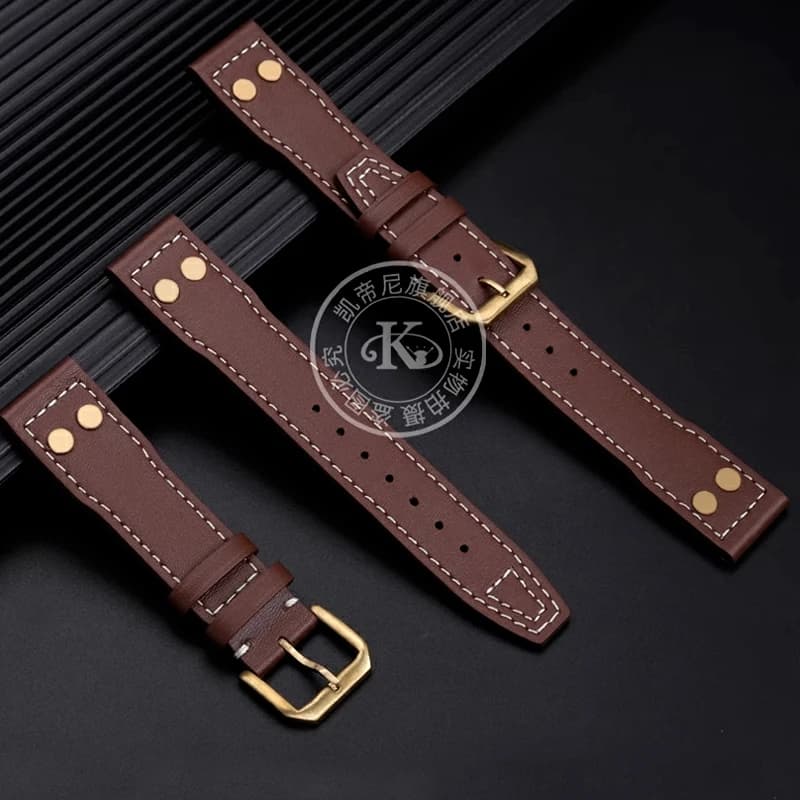20/21/22mm Cowhide Strap Rivets Watchband for IWC Bronze IW326806 Pilot’s Watch Big Date Spitfire Vintage Copper Nail Brass Buck