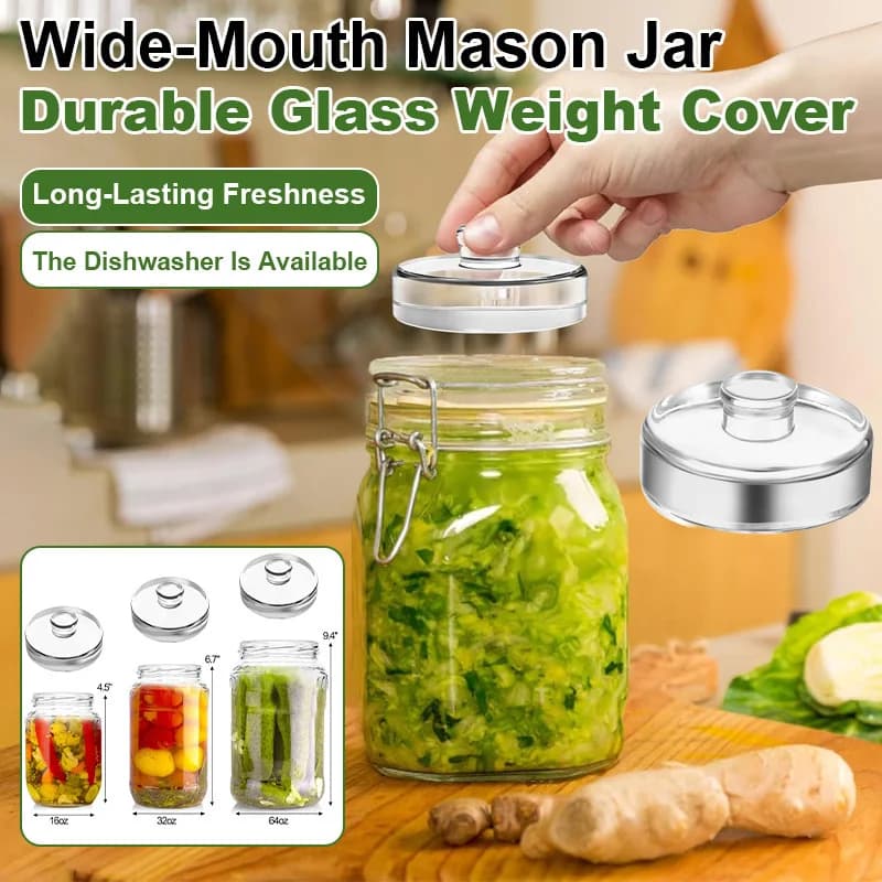 Wide Mouth Canning Jars with Glass Lid - Durable Glass Fermentation Kit, Ergonomic Handle & Weight for Pickling, Mason