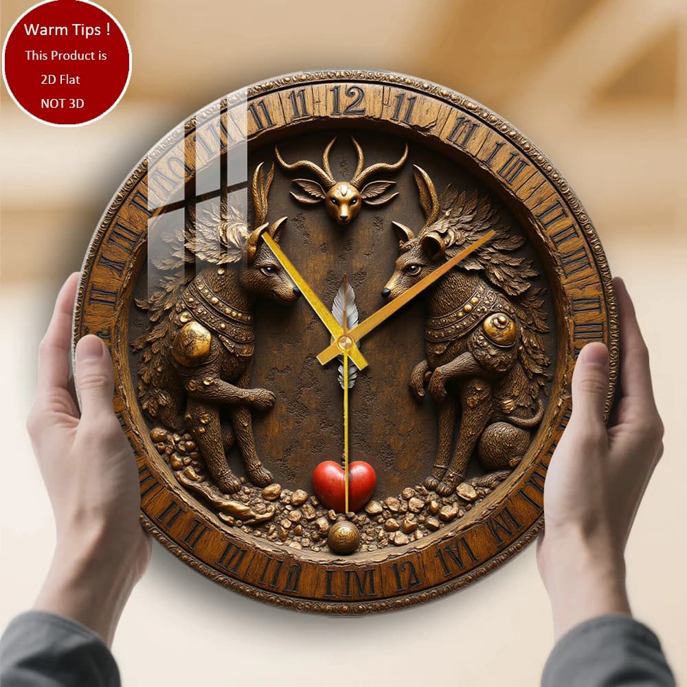 Tempered glass wall clock with deer heart, feathers, Roman numerals, suitable for wall decorations or table displays everywhere