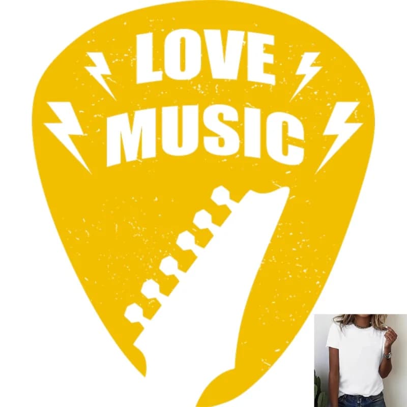 Vintage Love Music Guitar Pick Pattern Heat Transfer White Ink Iron - on, Suitable for T - shirts/Canvas Bags, Perfect for