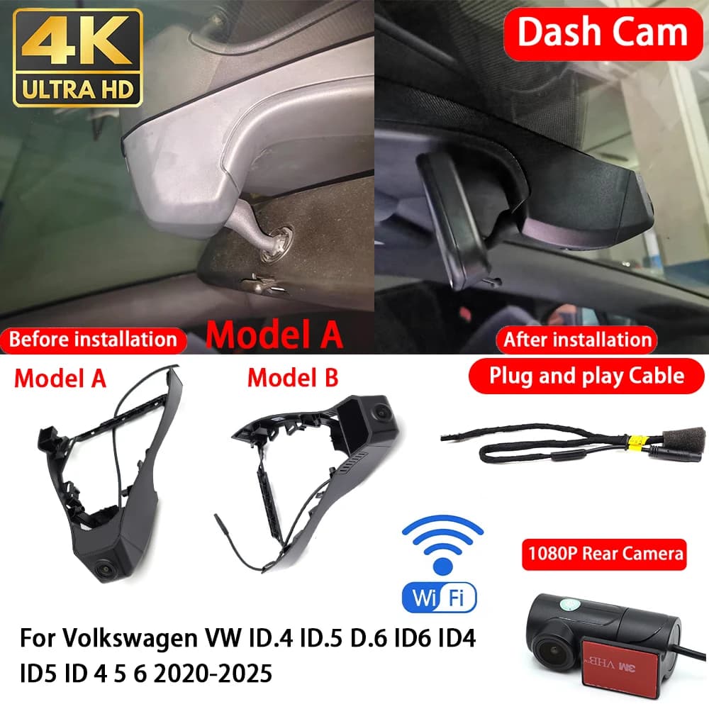 for Volkswagen VW ID.4 ID.5 D.6 ID6 ID4 ID5 ID 4 5 6 2020-2025 4K 2160P Dash Cam Front Rear Car Camera DVR Wifi Plug & Play