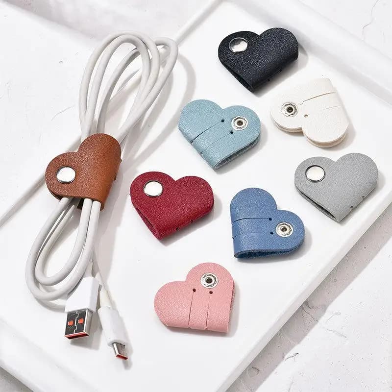 ✰ ✪ Avvolgicavo per cuffie in ecopelle a forma di cuore, 5 pezzi, organizer per cavi dati, clip per gestione cavi, avvolgicavo a forma di cuore