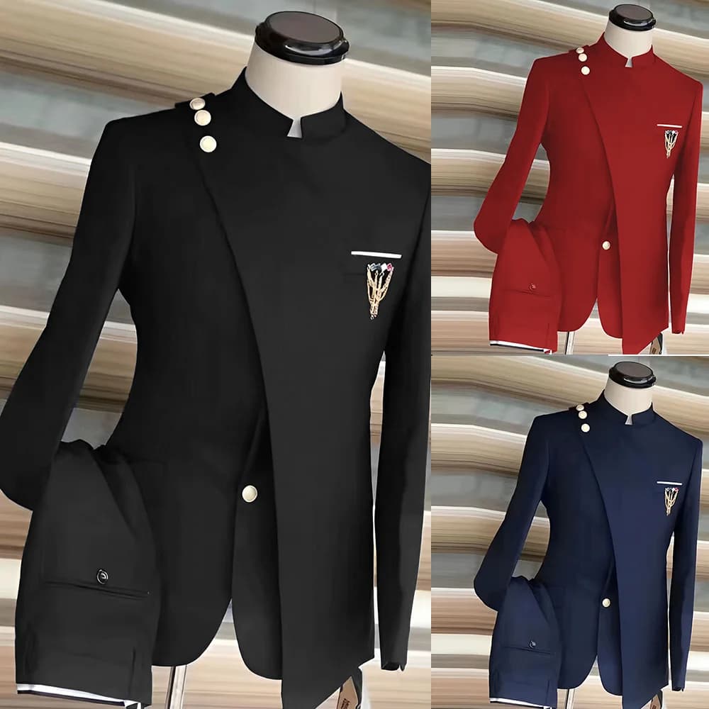 Abito da uomo in stile africano Set da 2 pezzi Blazer monopetto Sposo Smoking da sposa Design con bottoni dorati Giacca formale Pantaloni 2 pezzi