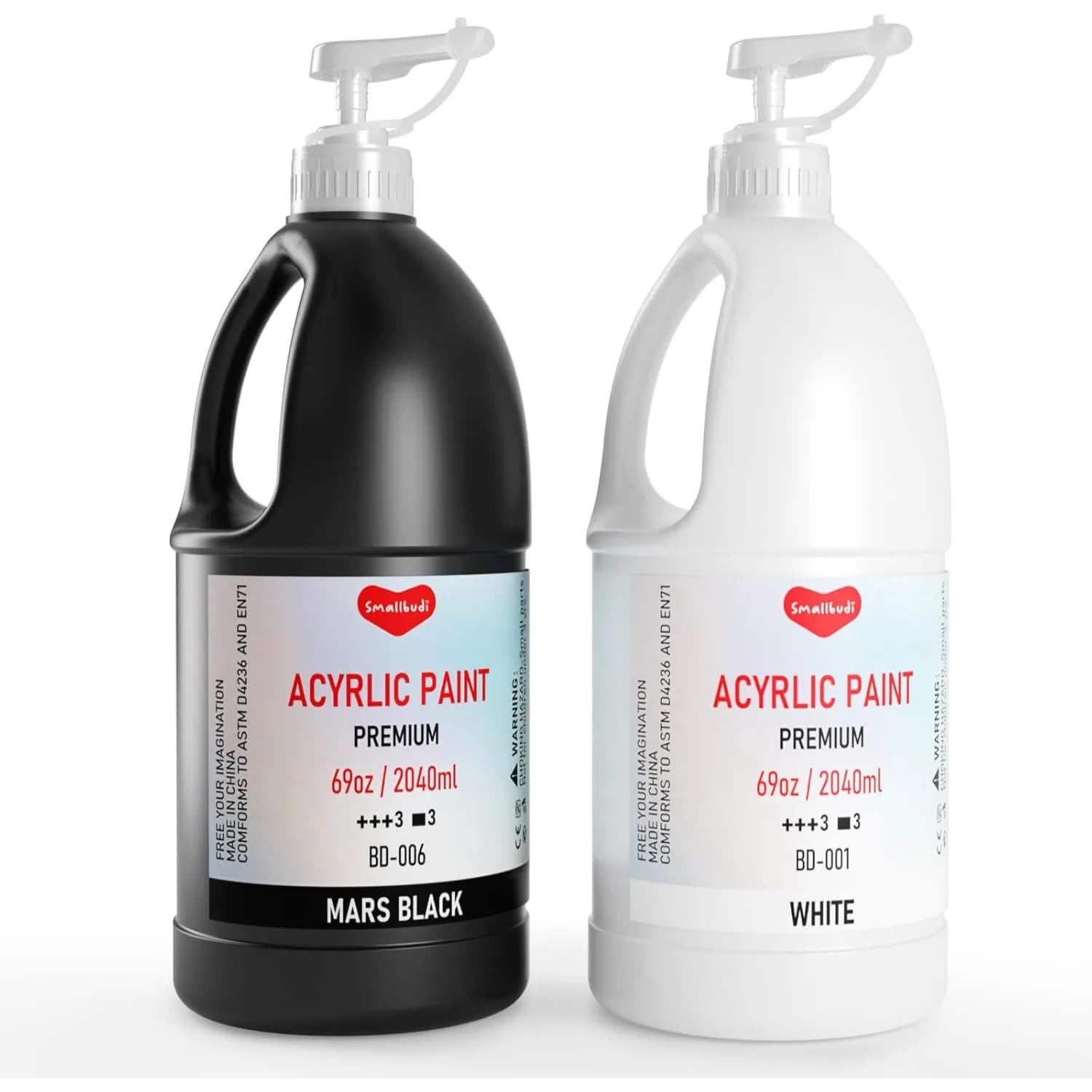 Large Acrylic Paint Set 69 oz 2040 ml, White & Black Bulk Paint for Canvas Wood Leather Fabric Rock Craft with Pump