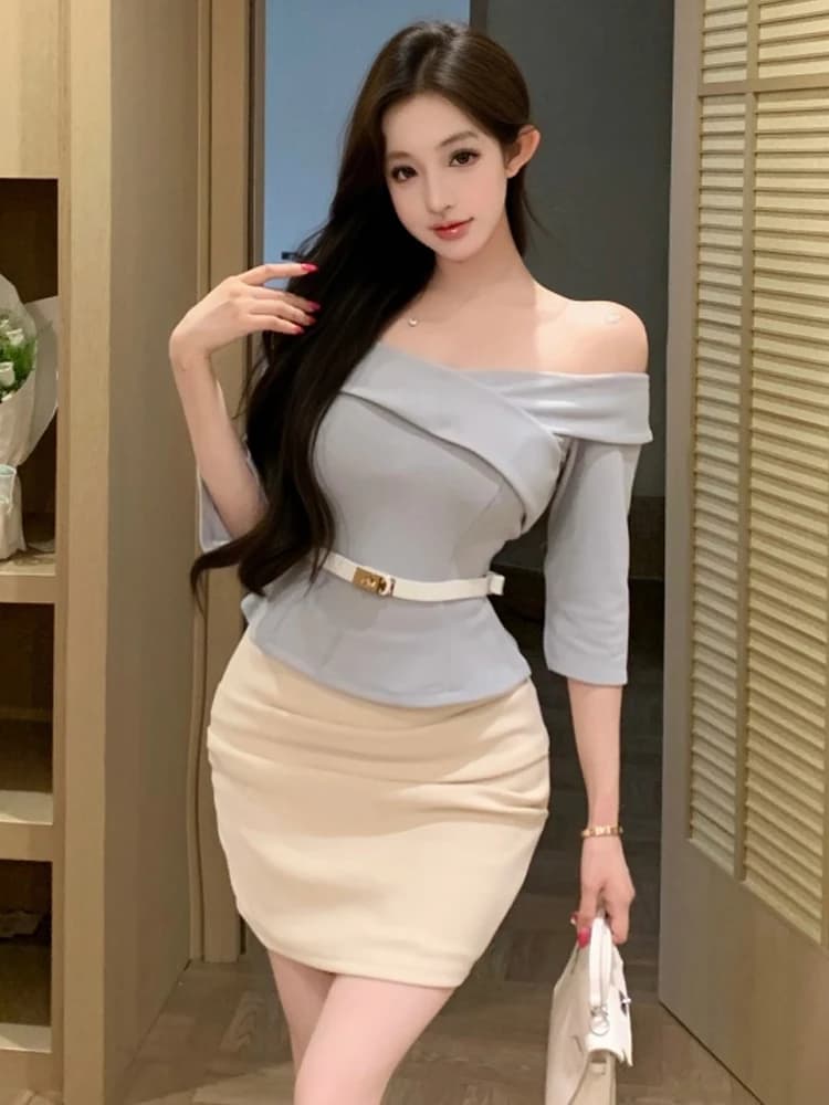 Casual Fashion Shoulder Bared Waist Cinched Sleeve Midi Dress Slim Fit Bodycon Skirt Set Pure Color Bandeau Top Half Body Skirt