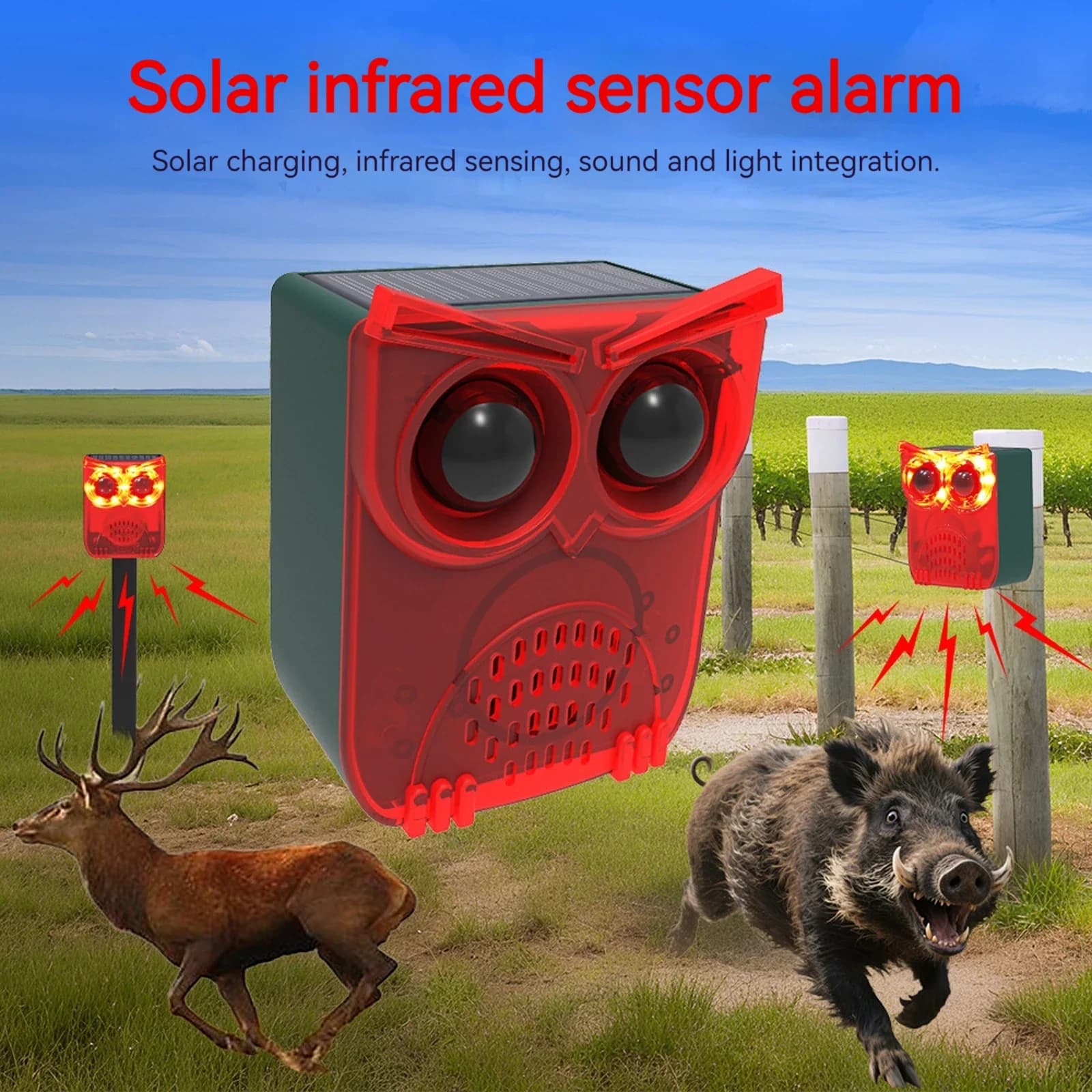 Allarme Solare Impermeabile da Esterno con Sensore di Movimento, Suoni di Latrato di Cane e Sparo, Repellente per Animali, Dissuasore per Procioni, Orsi e Coyote