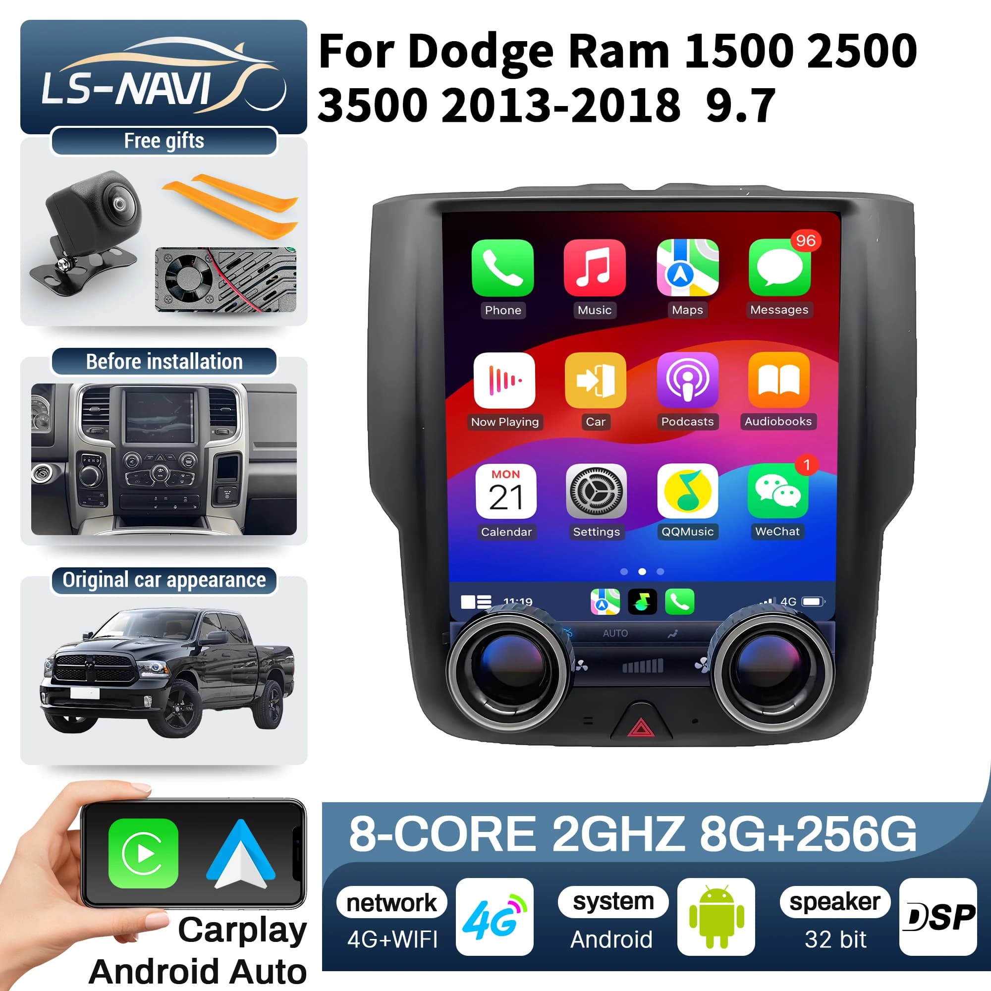 Autoradio da 9,7 pollici per Dodge Ram 1500 2500 3500 2013-2018 con 4G GPS Wireless Bluetooth CarPlay Touch Screen Unità principale stereo