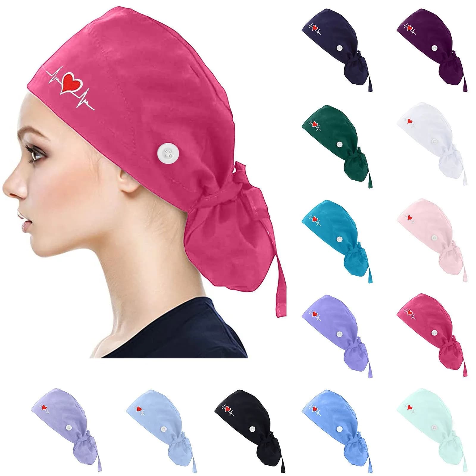 Berretti chirurgici regolabili Berretto da lavoro Porta coda di cavallo Cappelli da allattamento bouffant con bottoni Cappelli per turbante per capelli lunghi Donna e uomo