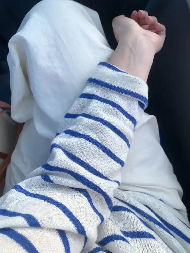 Loose Women's Long Sleeve T-Shirt Blue Stripes Summer Lazy Style Knitted Cover up Slimming Color Block Top Casual Wear