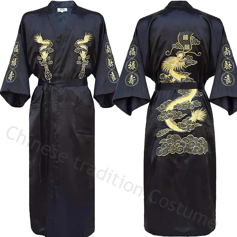 Ricama Drago Kimono Bathrobe Dress Chinese Style Classical Dress Man Homewear Long Night Shirt in Satin Night Garments