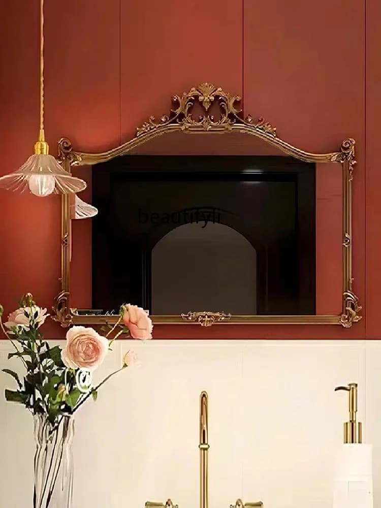 YH Specchio da bagno intagliato in stile europeo Specchio da parete Specchio da lavabo irregolare antiappannamento intelligente con luce