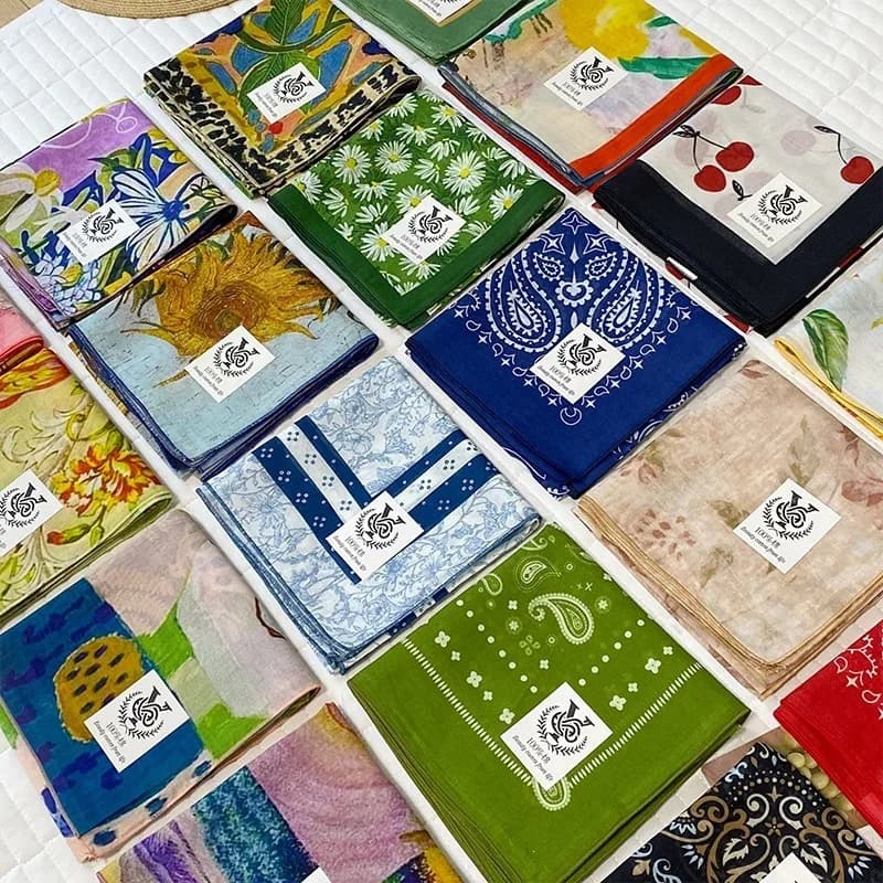 Sciarpa quadrata 100% cotone per donna, stampa con nastri, fasce per capelli, bandana, accessorio da donna per borsa, da polso, da collo, foulard