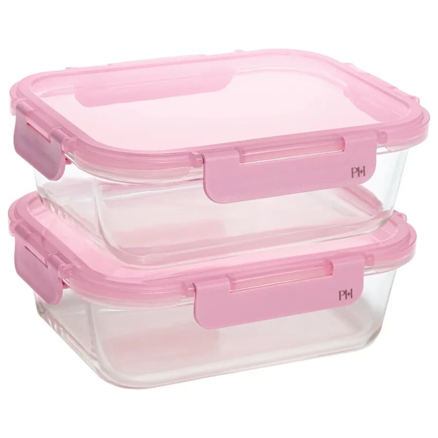 2-Piece Glass Food Storage Containers with Lids for Meal Prep Microwave and Dishwasher Safe Leak-Proof 4.3 Cup Capacity Pink
