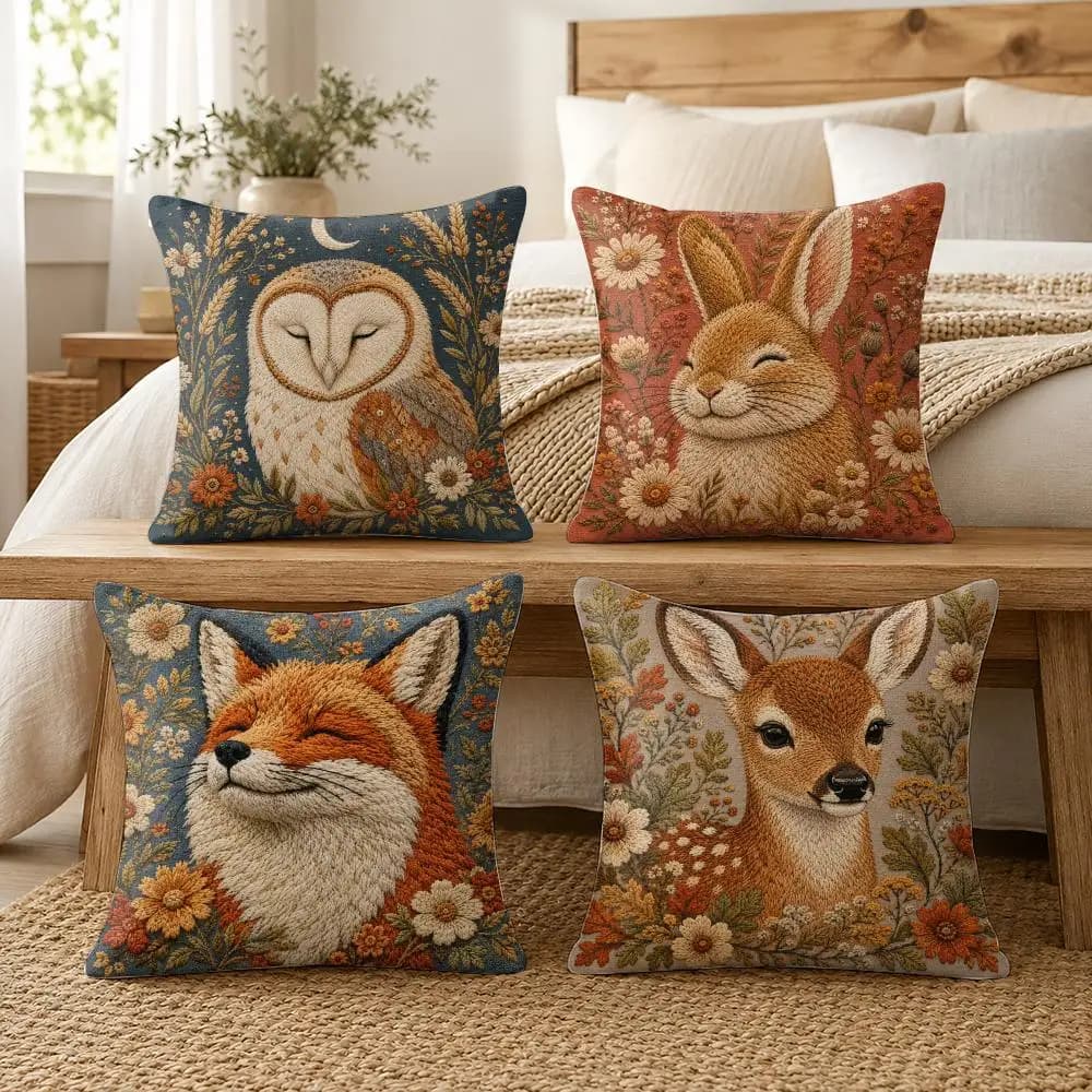 Forest Friends Embroidered Style Cushion Cover Soft Short Plush Pillow Cover Smooth Cozy Texture Cushion Case Home Decor