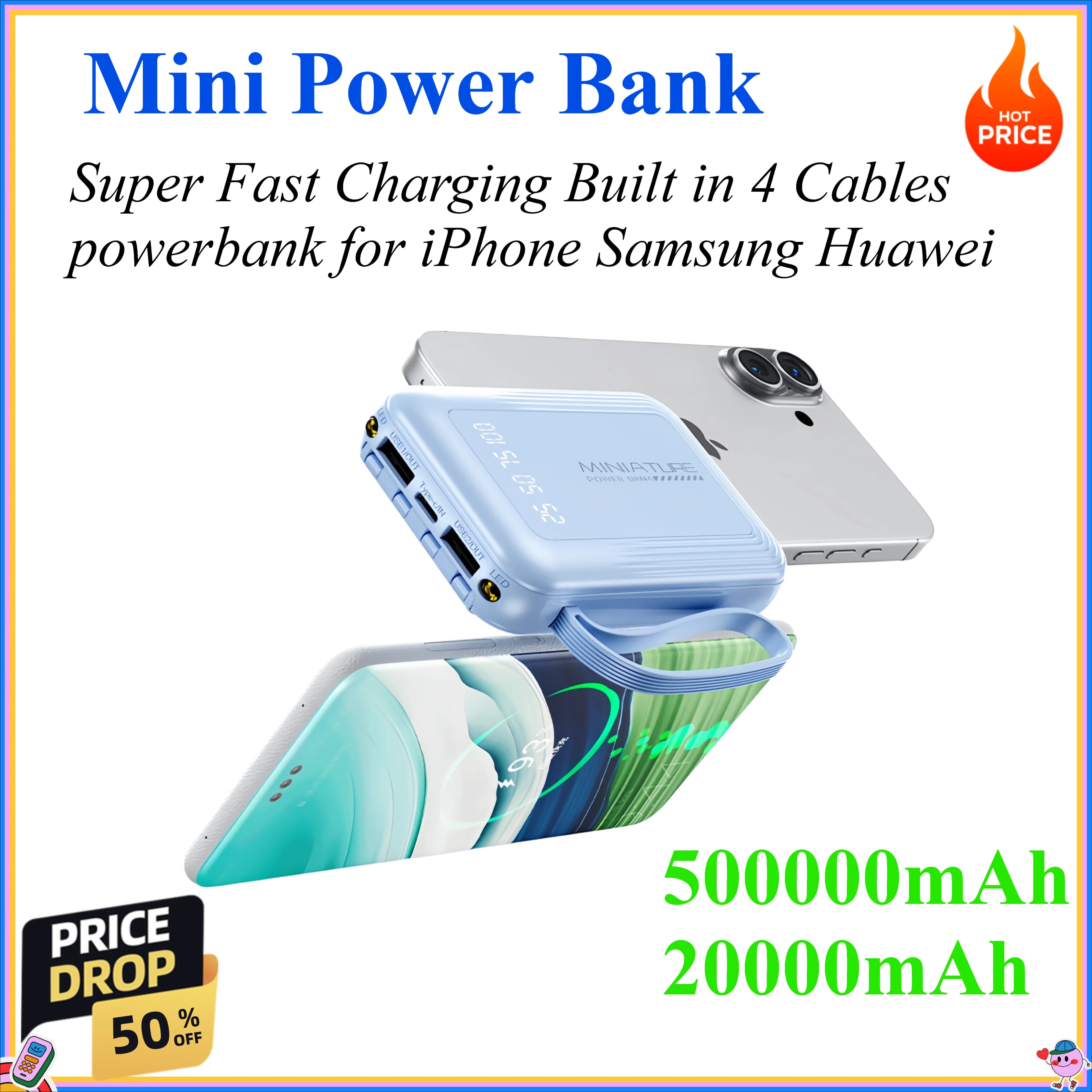 Power Bank Mini da 500000mAh 20000mAh con Ricarica Super Veloce, 4 Cavi Integrati e Display Digitale per iPhone Samsung Huawei