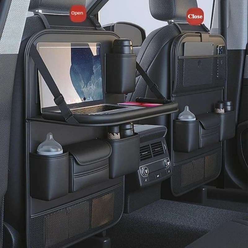 Organizer per Sedile Auto con Tavolino Pieghevole, Contenitore in Pelle PU, Tasche, Protezione Schienale, Accessori Interni