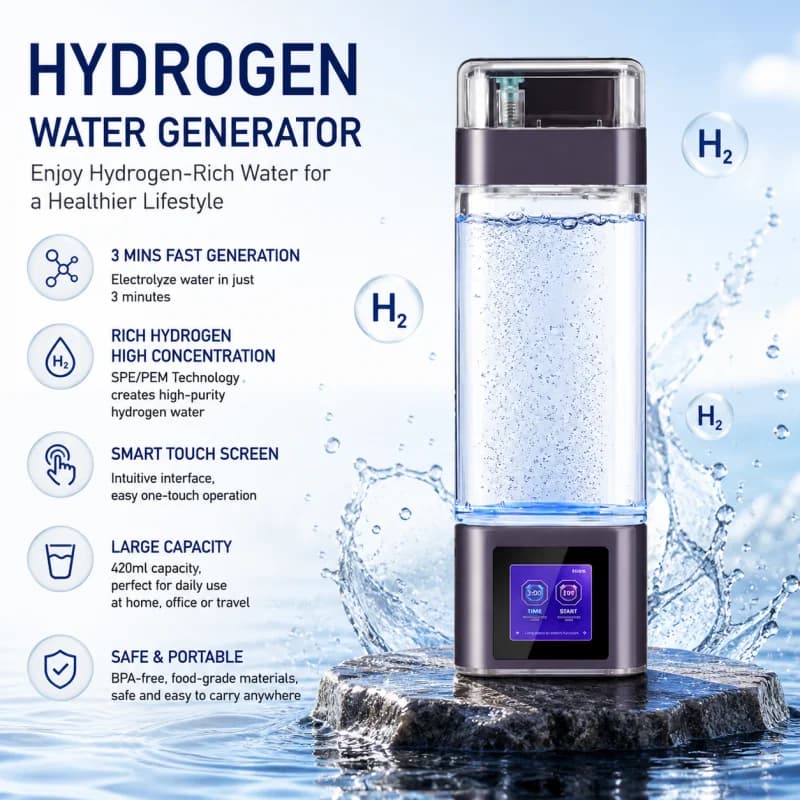 Generatore di Idrogeno 9000PPB con Touchscreen Intelligente, Borraccia Ionizzatrice d'Acqua Idrogenata da 350ML, Produttore di Acqua Alcalina Idrogenata