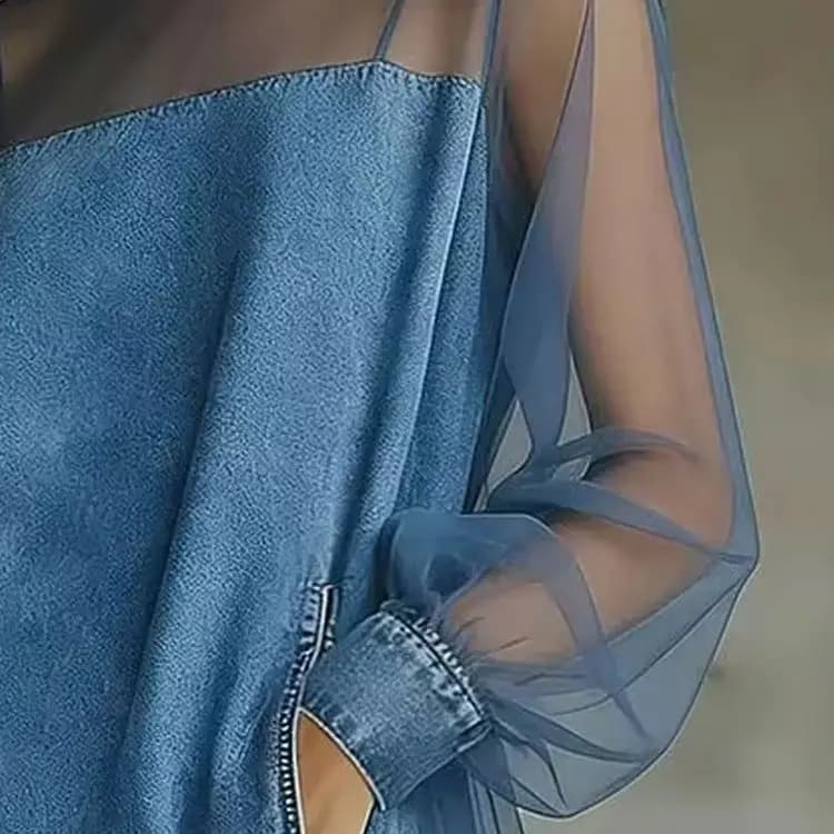 Mini Denim Dress with Net Inserts for Women, Vintage Blue, High Collar, Transparent Long Sleeves, Hem with Volant, Casual Streetwear Dress