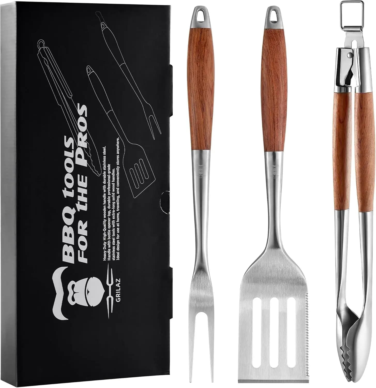 Set barbecue premium in palissandro con spatola, forchetta e pinze in acciaio inossidabile: regalo ideale per gli appassionati di grigliare